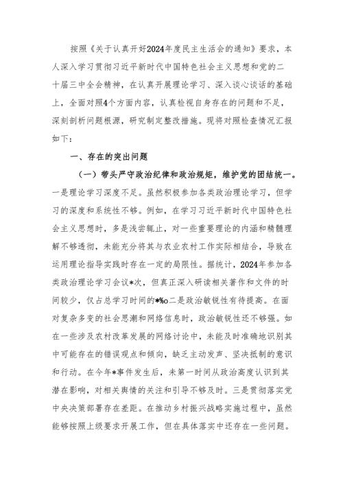 最新副镇长2024民主生活个人四个带头检查材料查摆剖析材料Word文档.docx