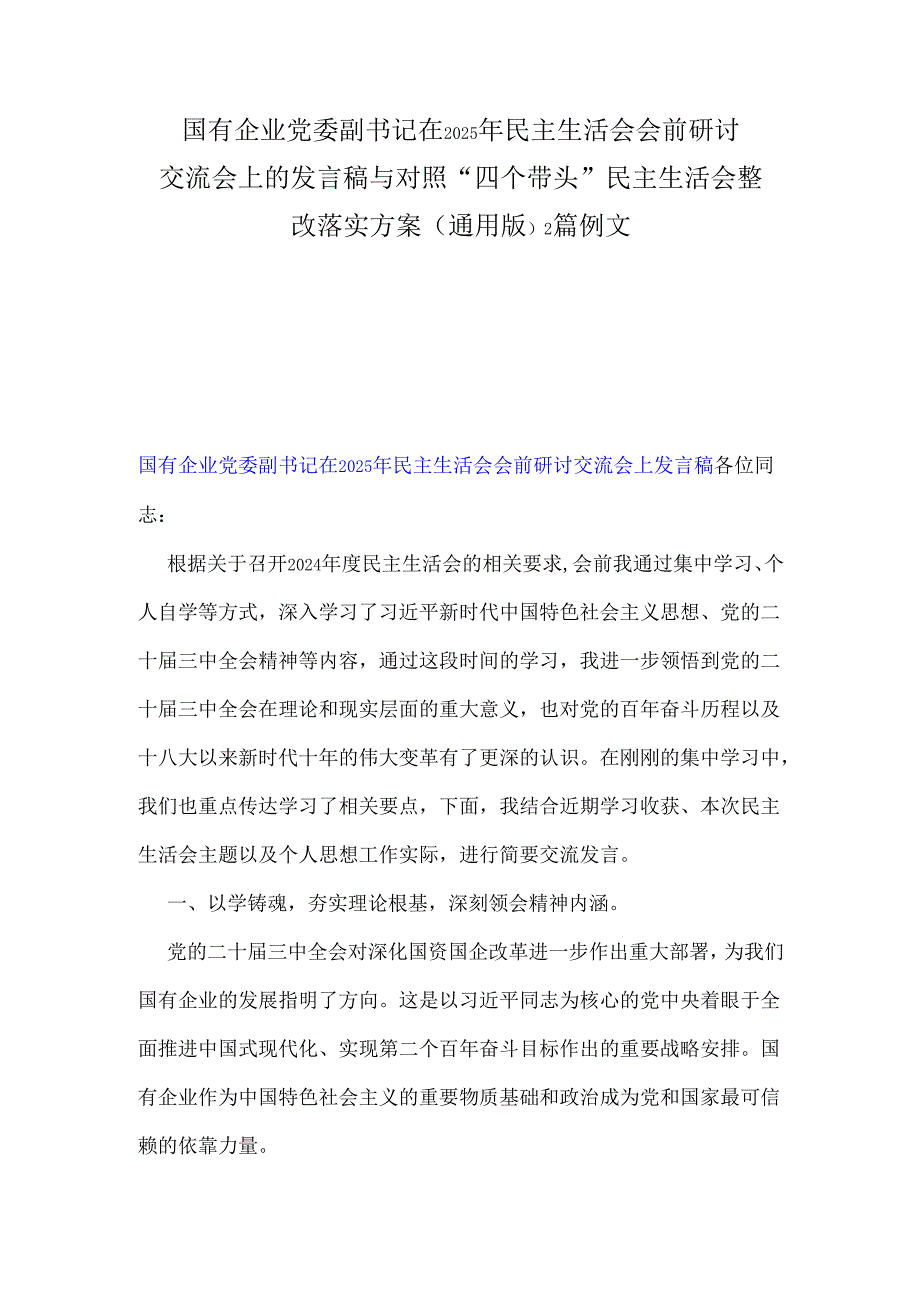 国有企业党委副书记在2025年民主生活会会前研讨交流会上的发言稿与对照“四个带头”民主生活会整改落实方案(通用版)2篇例文.docx_第1页