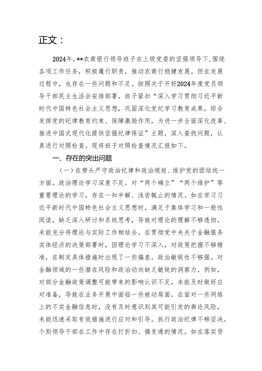 农商银行四个带头2025年民主生活会领导班子对照检视检查发言材料.docx_第2页