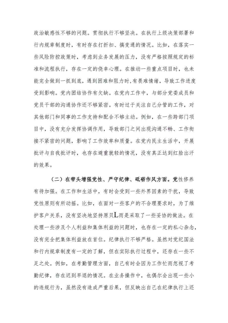 银行党委副书记2024民主生活会个人对照检视发言材料（新四个带头）范文.docx_第2页