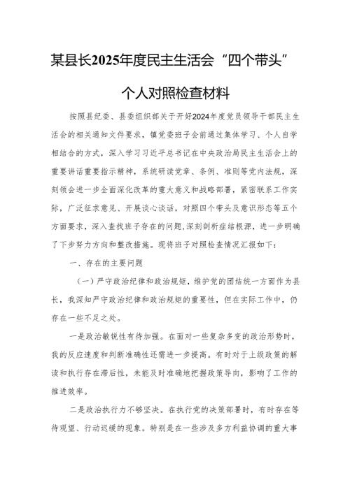 某县长2025民主生活会“四个带头”个人对照检查材料5.docx