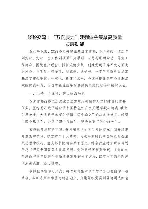 经验交流：“五向发力”建强堡垒 集聚高质量发展动能.docx