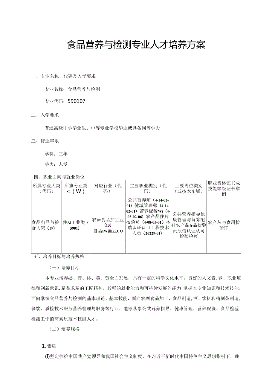 职业技术学院食品营养与检测专业人才培养方案.docx_第1页