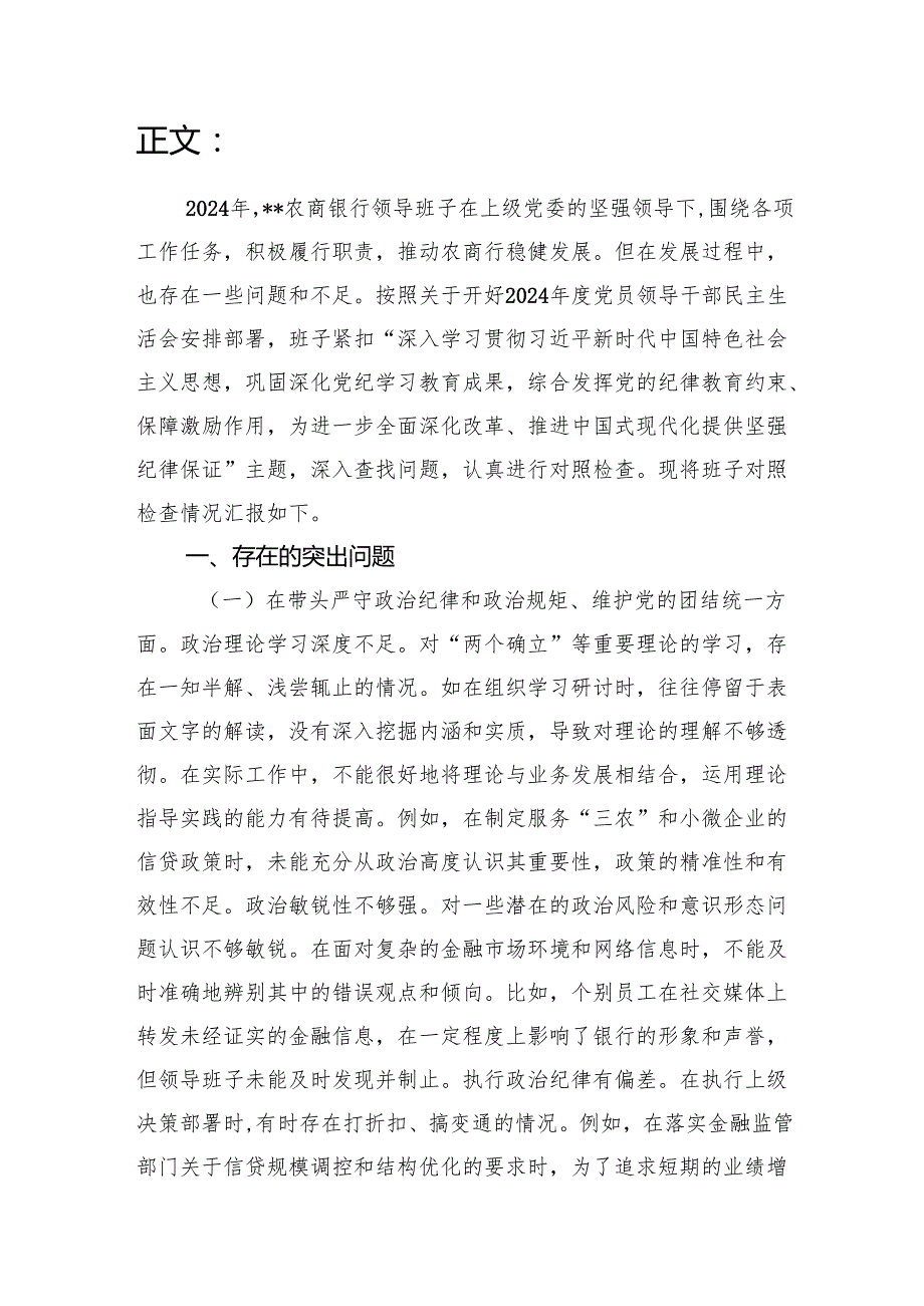 农商银行领导班子2024民主生活会四个带头对照检查检视发言材料.docx_第2页