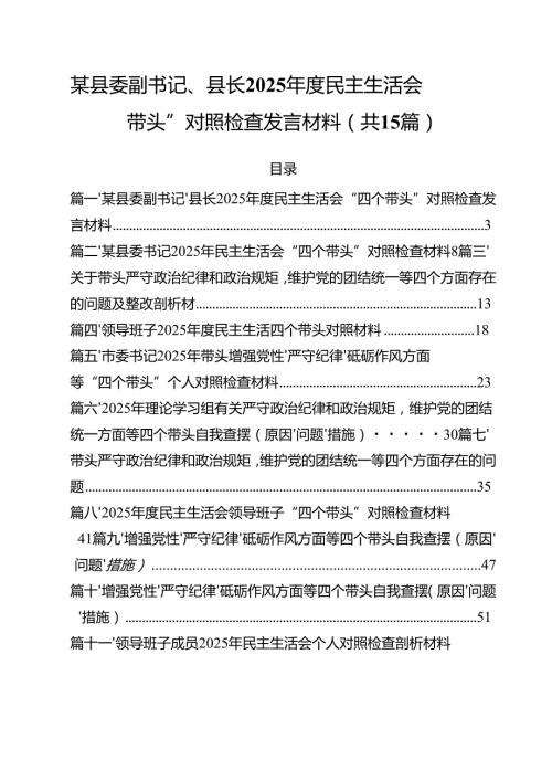 某县委副书记、县长2025民主生活会“四个带头”对照检查发言材料（共15篇）.docx