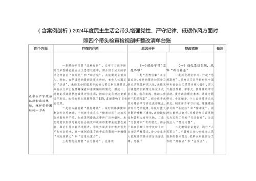 （含案例剖析）2024民主生活会带头增强党性、严守纪律、砥砺作风方面对照四个带头检查检视剖析整改清单台账.docx