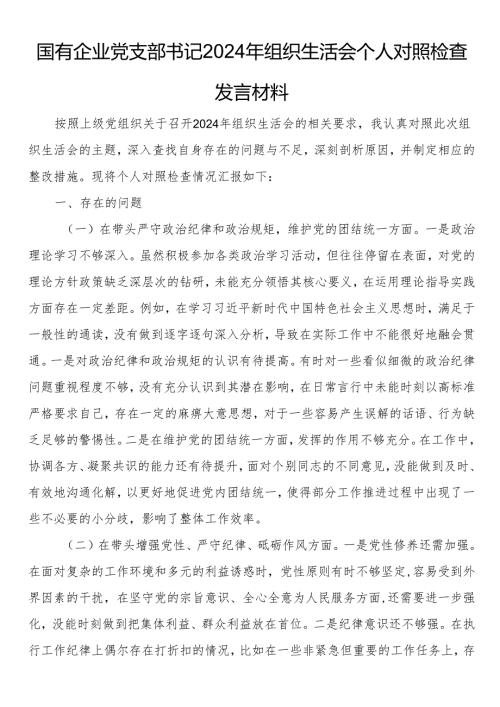 国有企业党支部书记2024年组织生活会个人对照检查发言材料 (1).docx