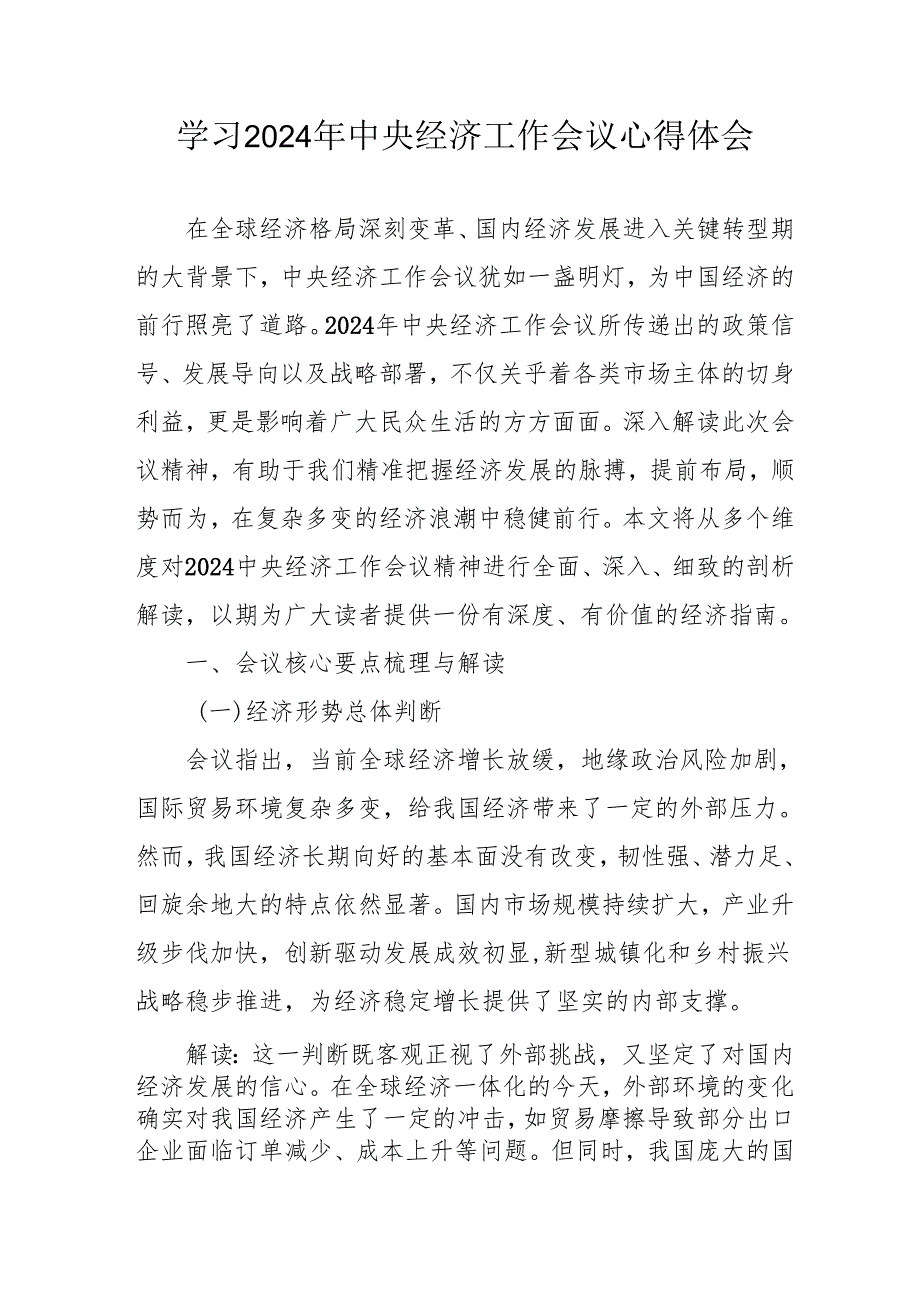 学习2024年中央经济工作会议个人心得体会 （汇编6份）.docx_第1页
