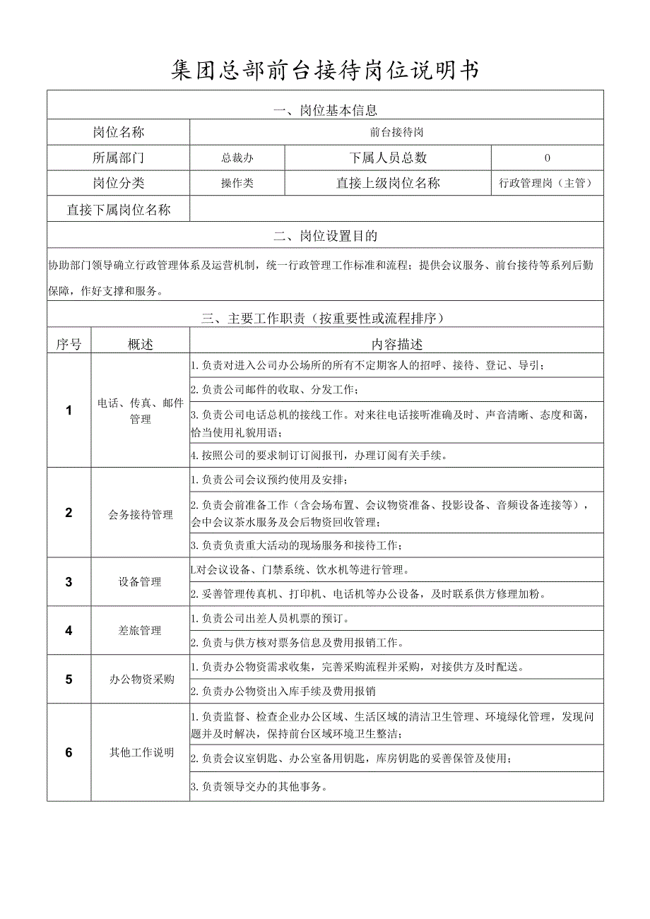 岗位说明书总裁办前台接待岗.docx_第1页