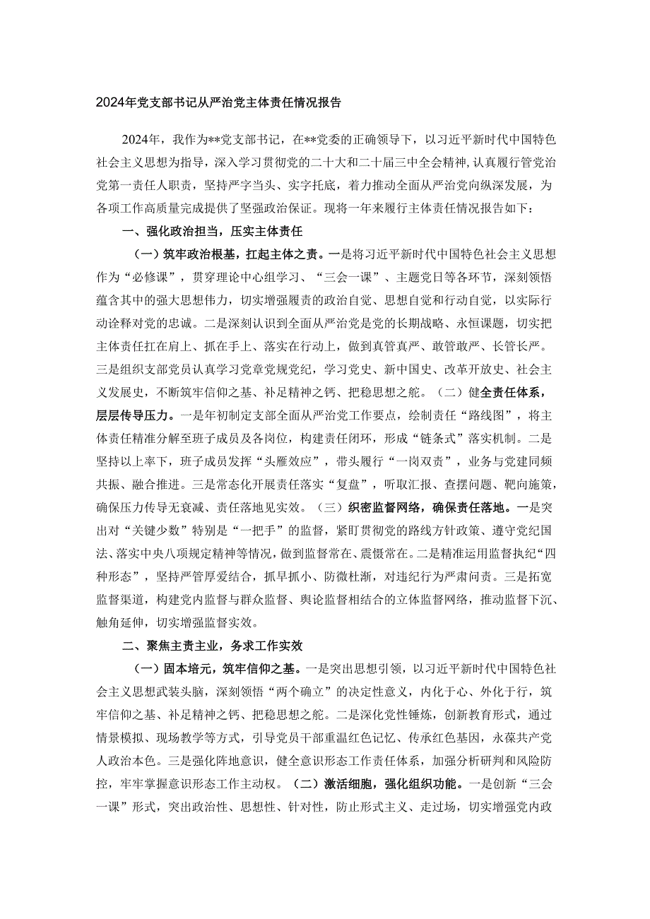2024年党支部书记从严治党主体责任情况报告.docx_第1页