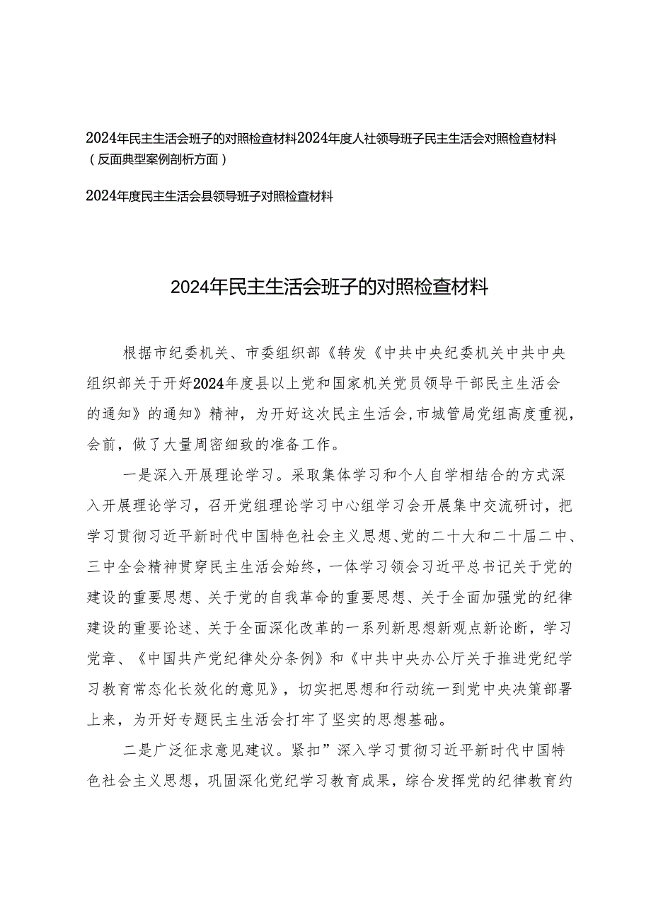 （班子）2025年领导班子民主生活会对照检查材料（含反面典型案例剖析方面）.docx_第1页