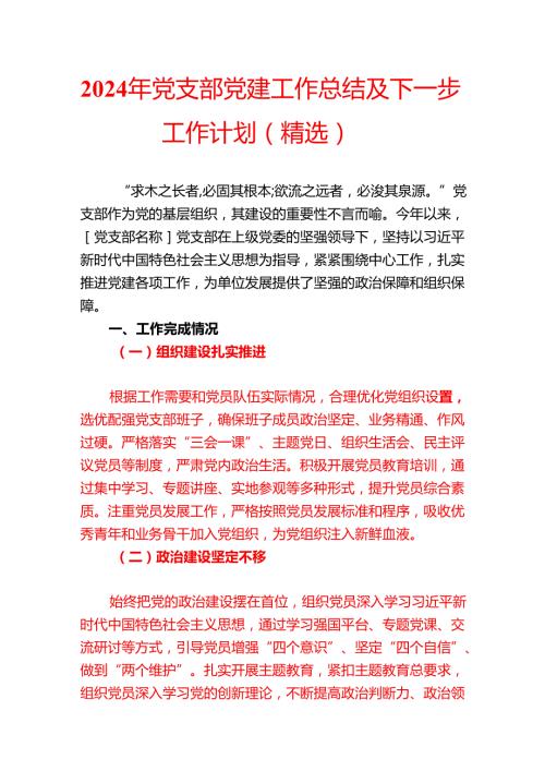 2024 年党支部党建工作总结及下一步工作计划（精选）.docx