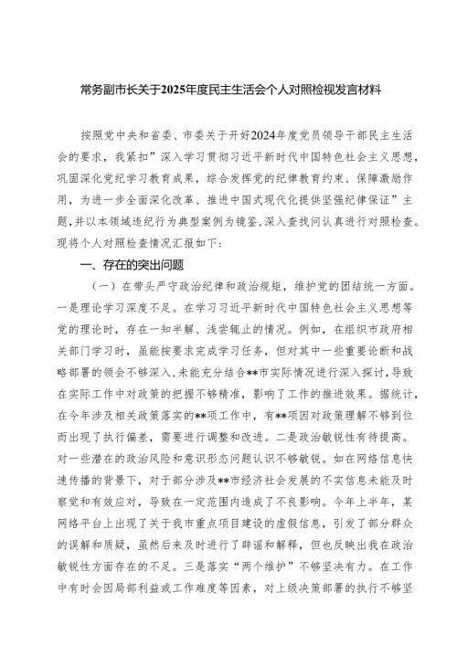 常务副市长关于2025民主生活会个人对照检视发言材料(精选八篇).docx
