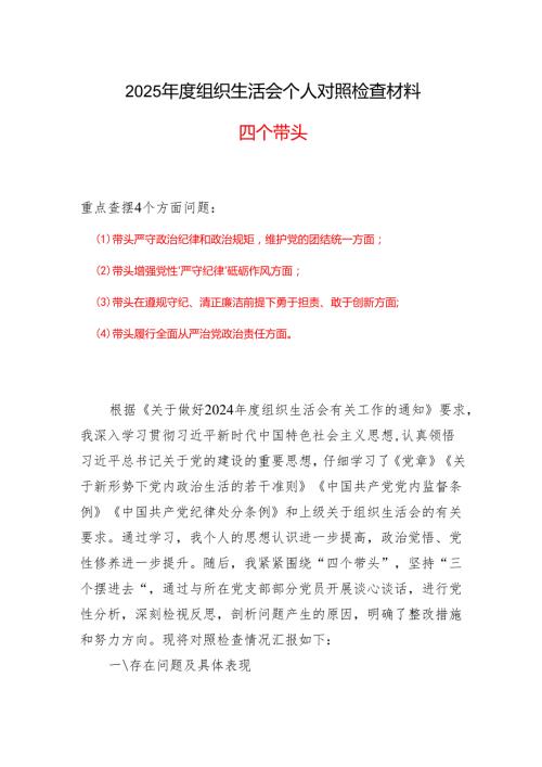2024组织生活会对照检查材料(四个带头)参考合集.docx
