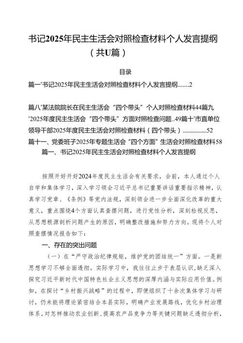 11篇书记2025年民主生活会对照检查材料个人发言提纲范文精选.docx