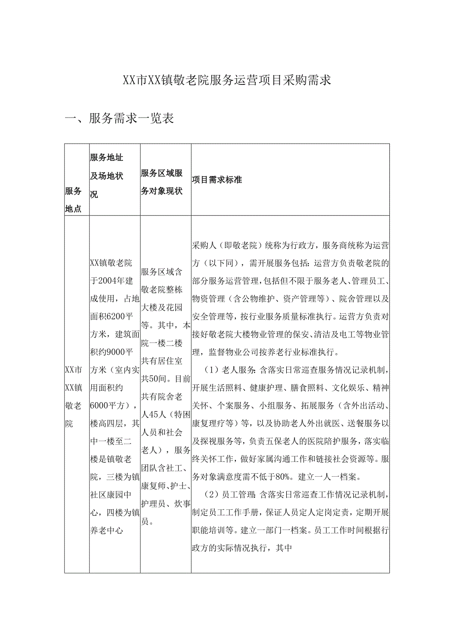 XX市XX镇敬老院服务运营项目采购需求.docx_第1页