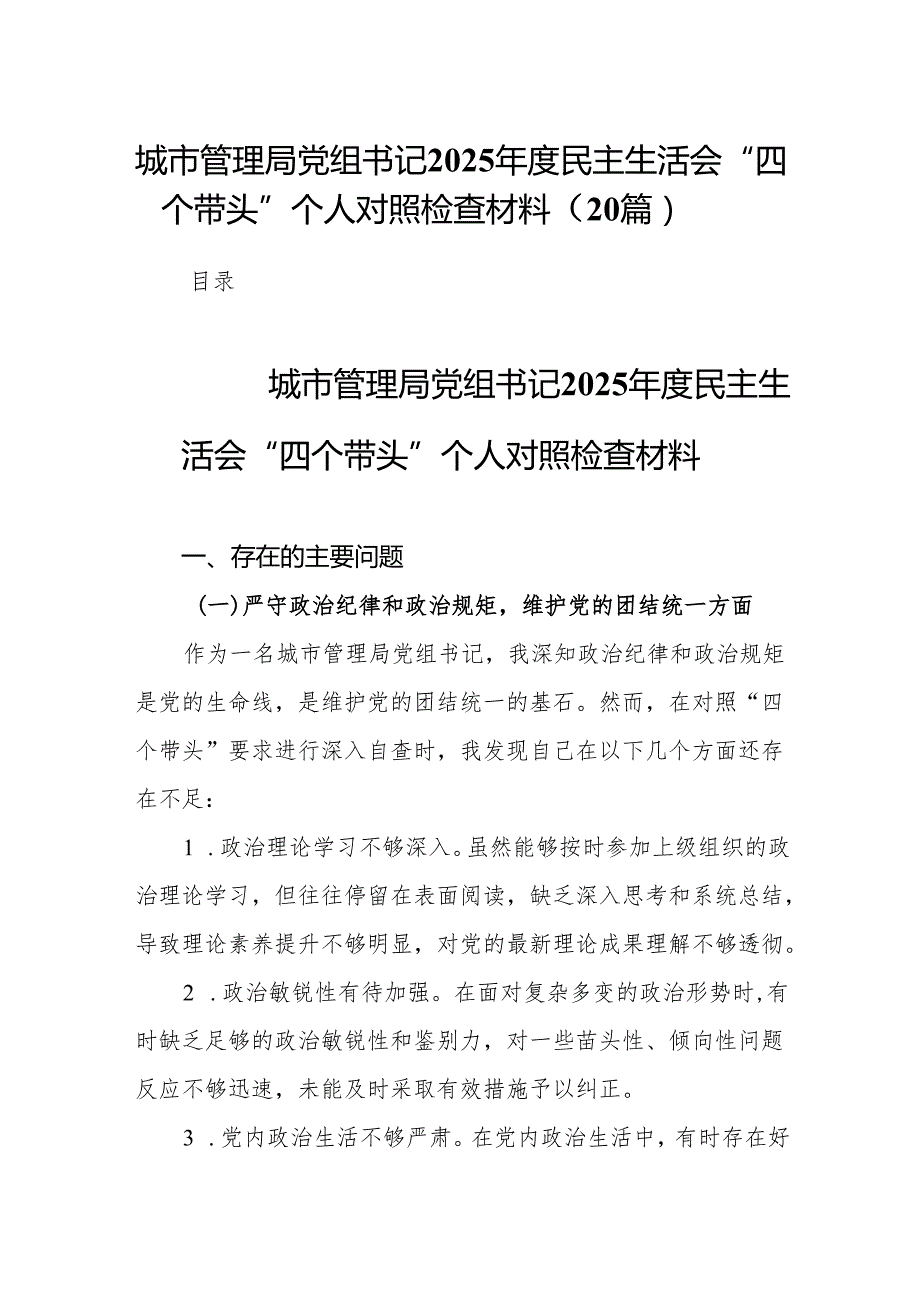 城市管理局党组书记2025民主生活会“四个带头”个人对照检查材料20篇.docx_第1页