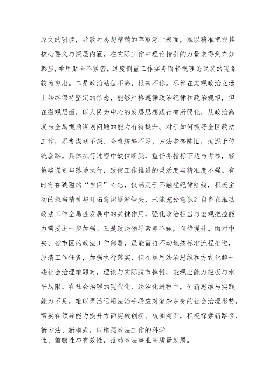 区政法委书记2025年专题民主生活会个人“四个带头”对照检视发言提纲范文.docx_第2页