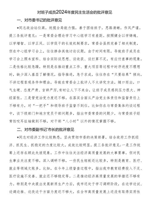 对班子成员2024民主生活会的批评意见.docx