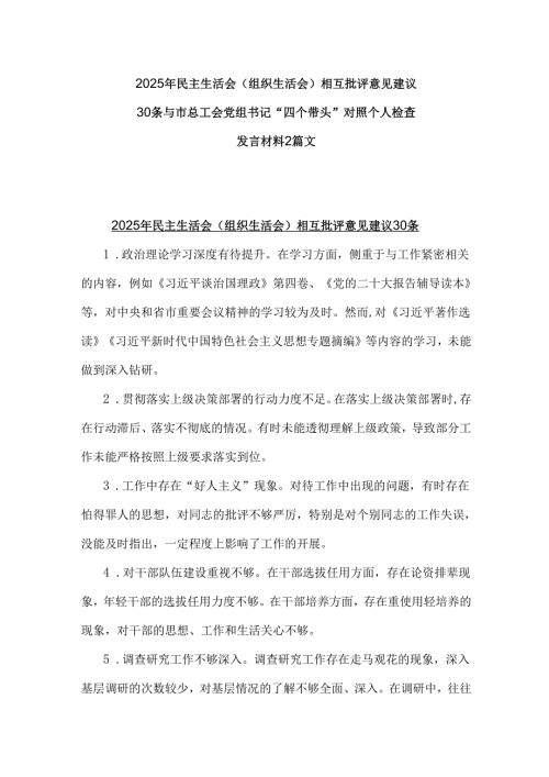2025年民主生活会(组织生活会)相互批评意见建议30条与市总工会党组书记“四个带头”对照个人检查发言材料2篇文.docx