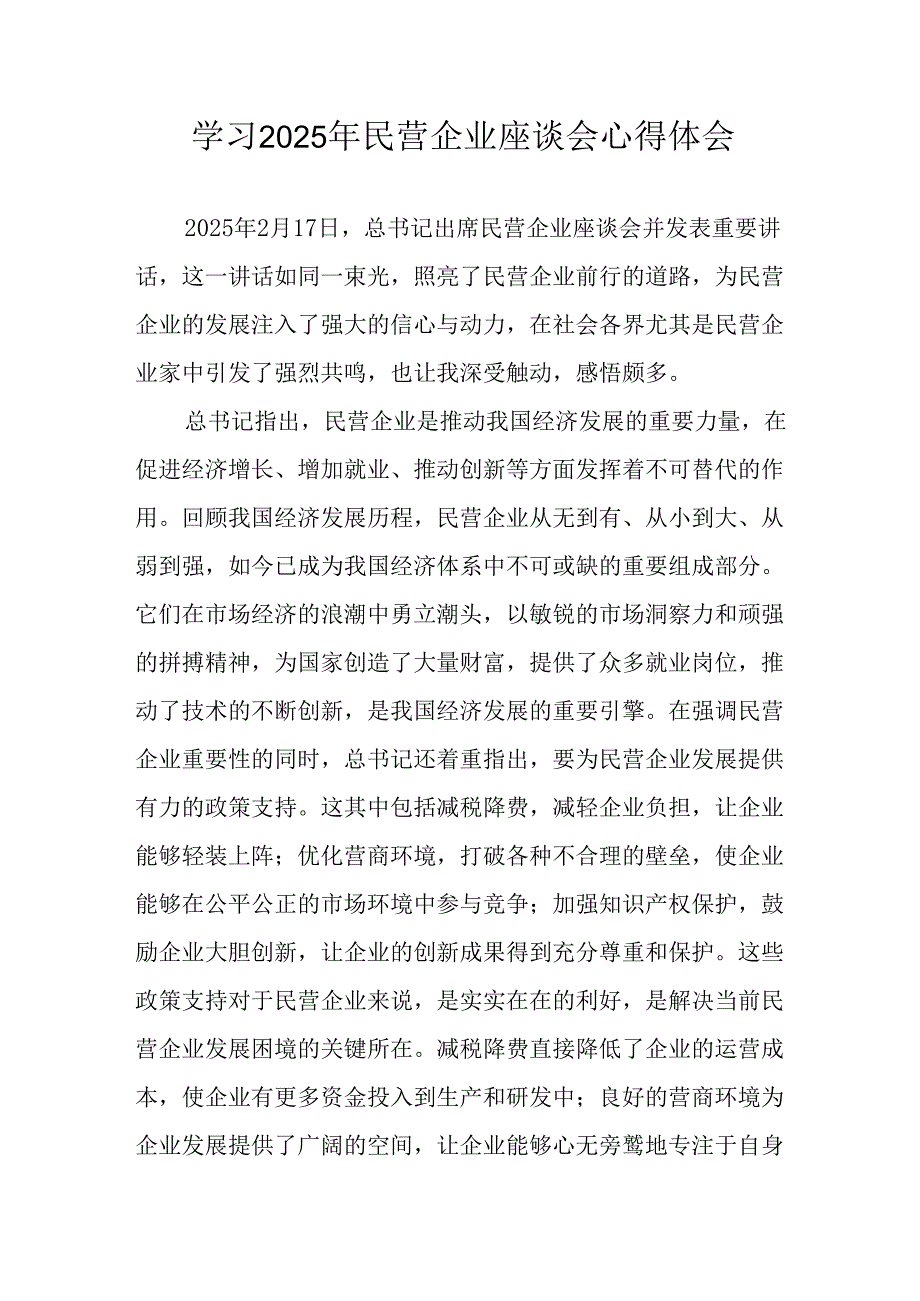 民营企业2025年学习《民营企业座谈会》个人心得感悟 （5份）89(1).docx_第1页