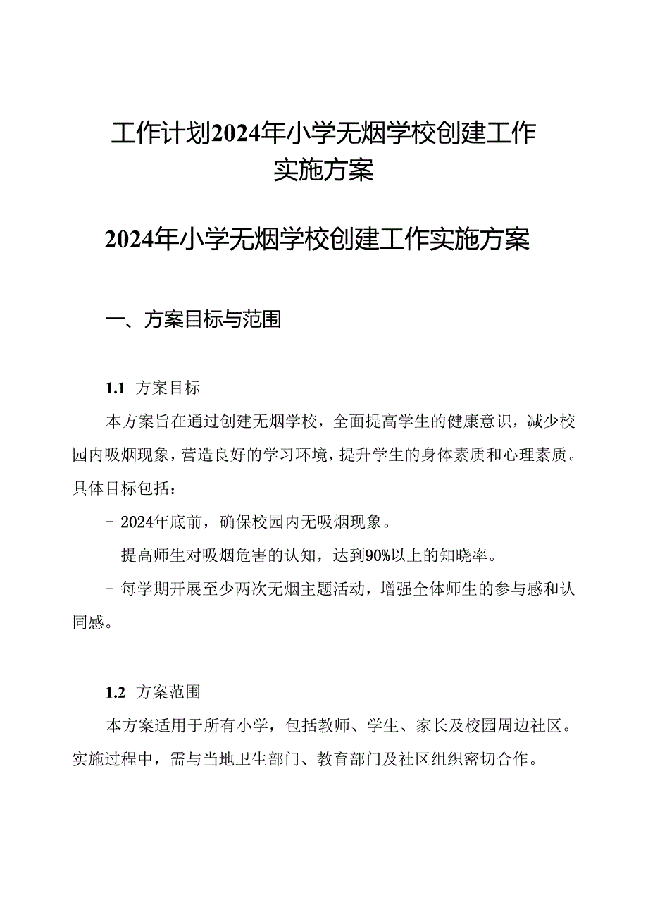 工作计划 2024年小学无烟学校创建工作实施方案.docx_第1页