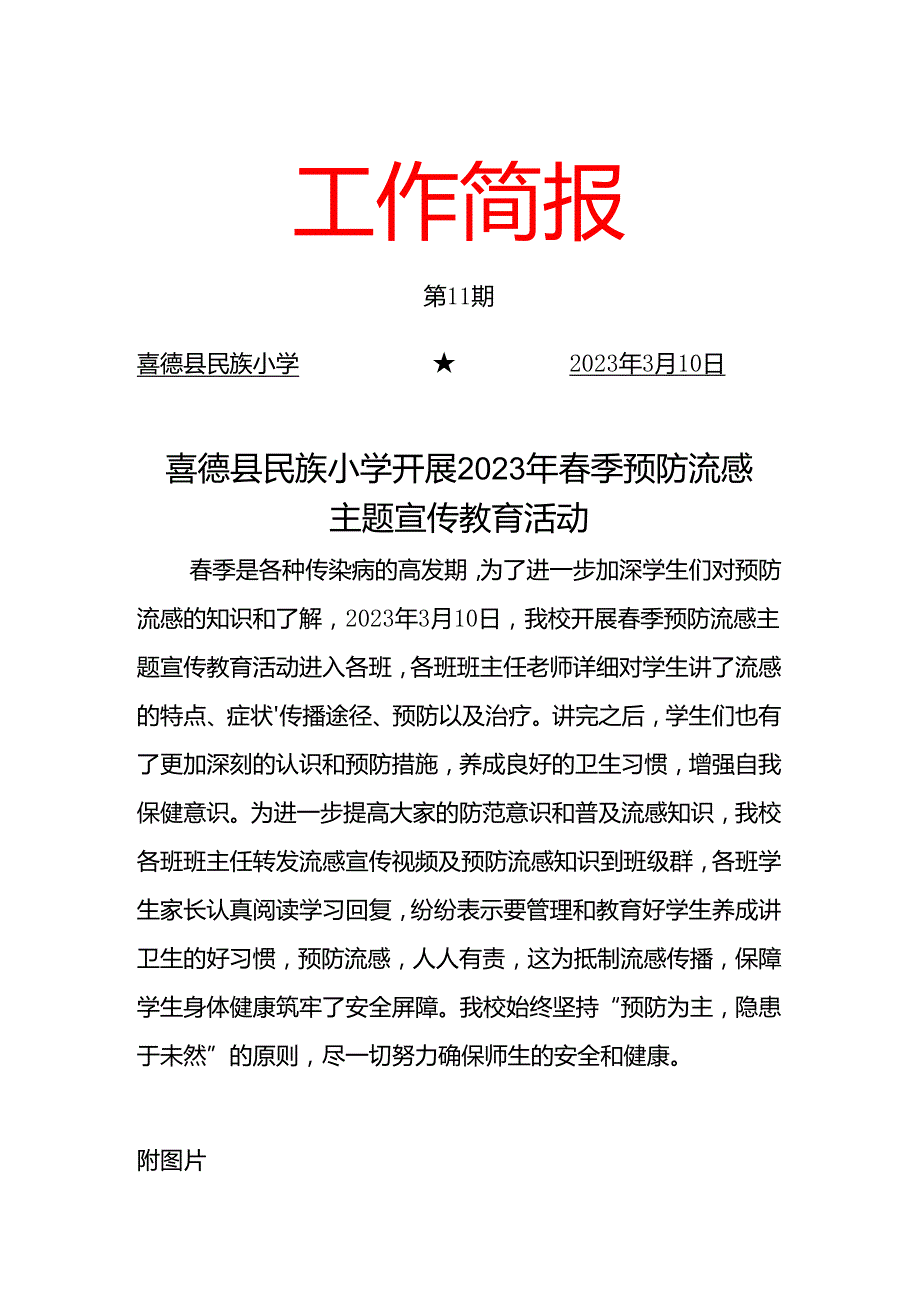 喜德县民族小学开展2023季预防流感主题宣传教育活动简报.docx_第1页