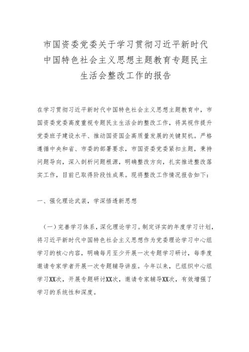 市国资委党委关于学习贯彻总书记新时代中国特色社会主义思想主题教育专题民主生活会整改工作的报告.docx