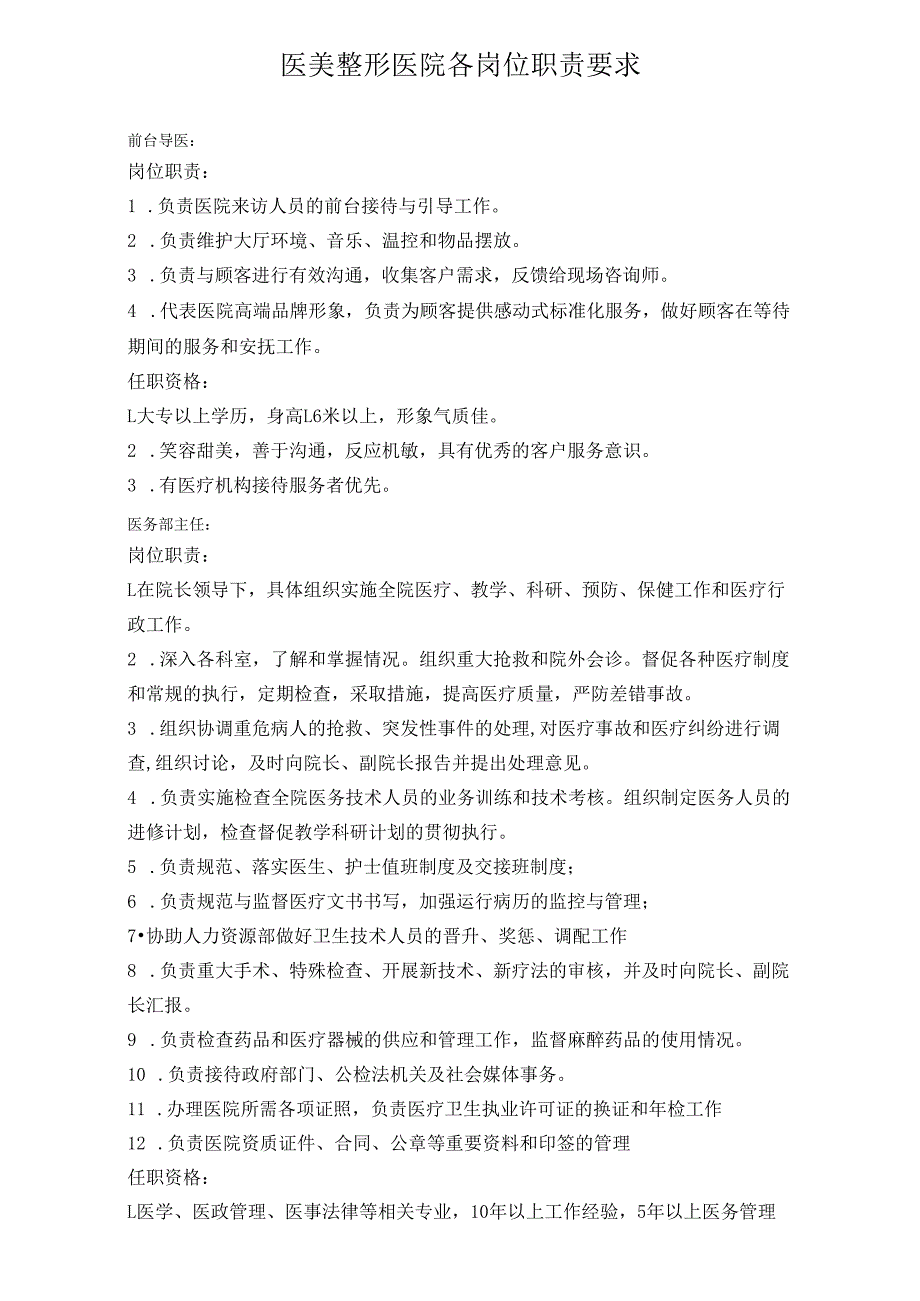 医美整形医院各岗位职责要求.docx_第1页