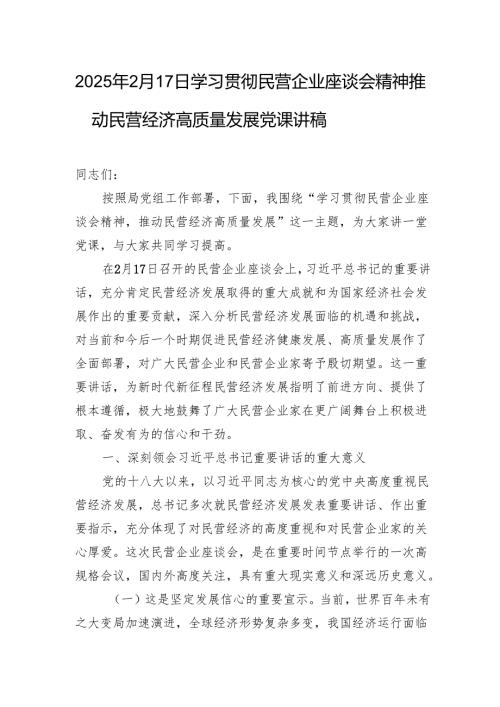 2025年2月17日学习贯彻民营企业座谈会精神推动民营经济高质量发展党课讲稿.docx