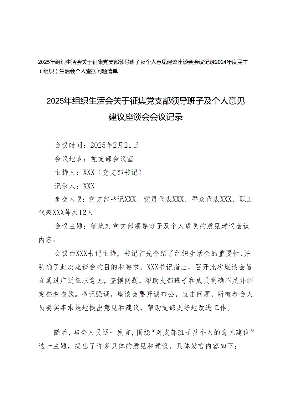 2025年组织生活会关于征集党支部领导班子及个人意见建议座谈会会议记录+民主（组织）生活会个人查摆问题清单.docx_第1页