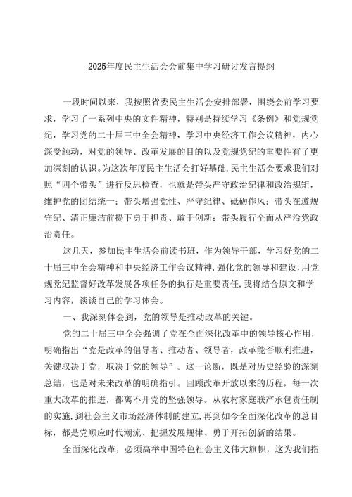 2025民主生活会会前集中学习研讨发言提纲精选三篇.docx