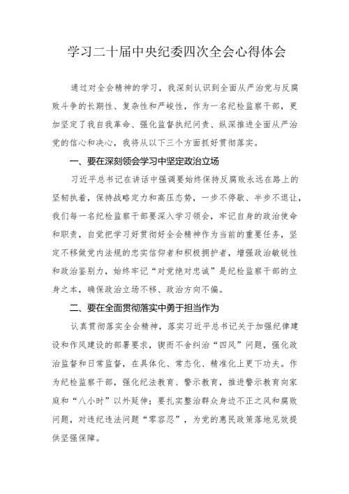 学习二十中央纪委四次全会心得体会(2).docx