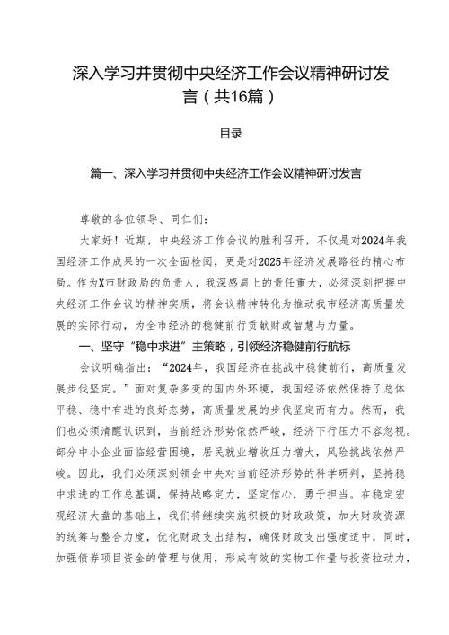 深入学习并贯彻中央经济工作会议精神研讨发言16篇（详细版）.docx