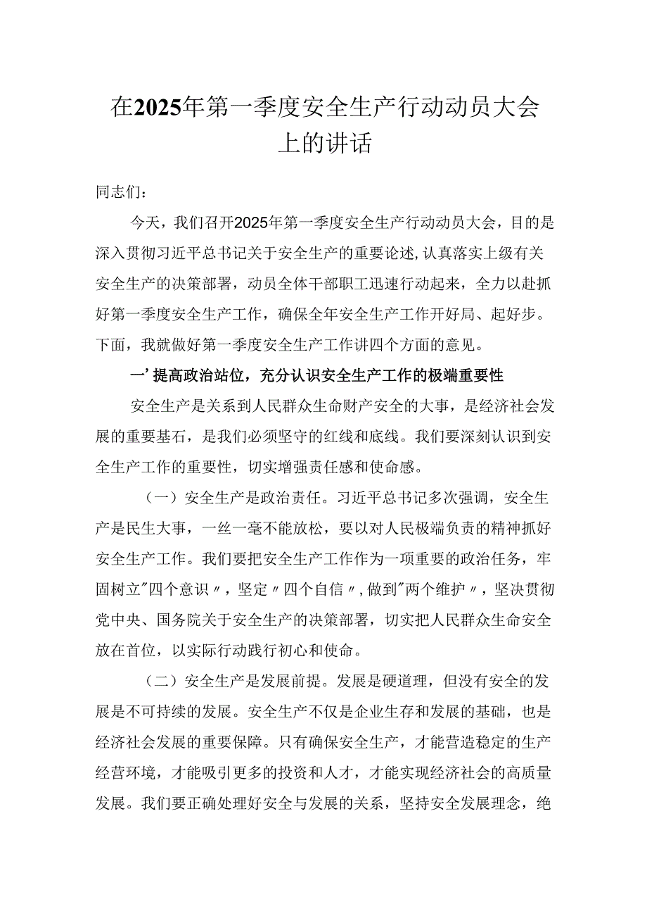 在2025年第一季度安全生产行动动员大会上的讲话(发言稿）.docx_第1页