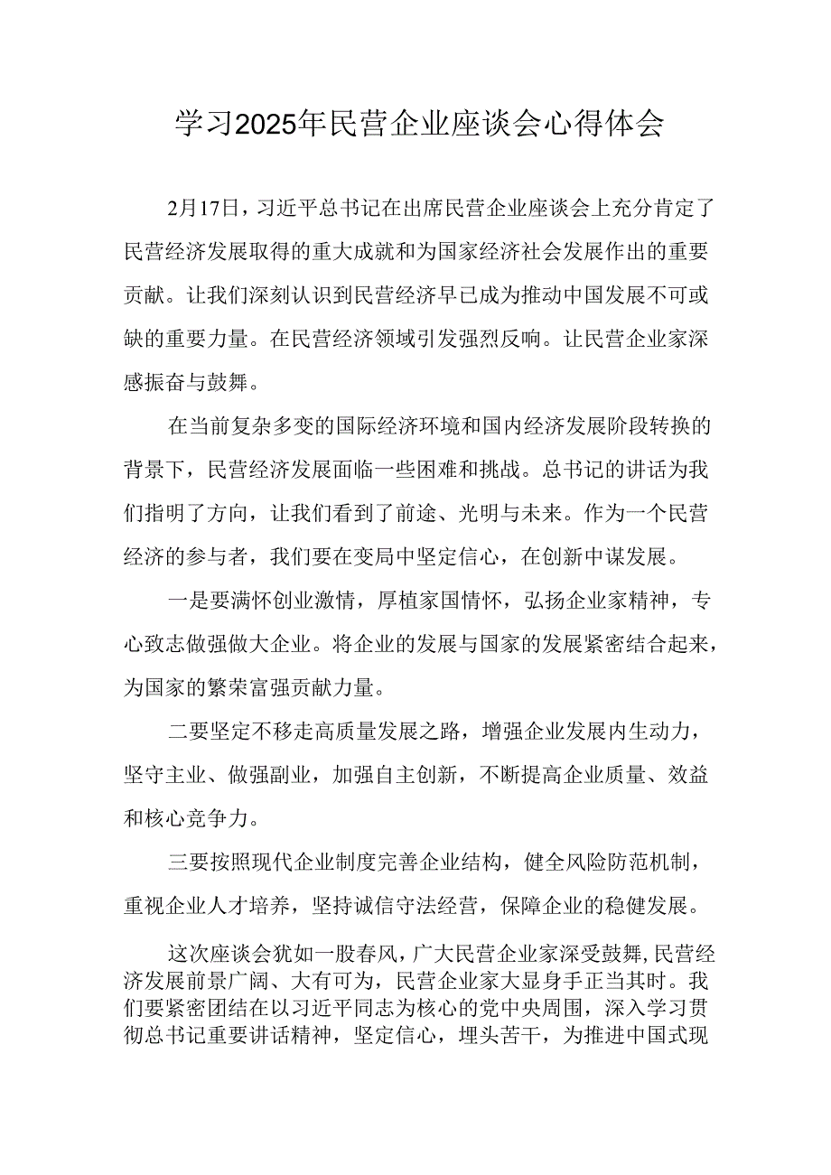 2025年私营企业学习民营企业座谈会个人心得感悟 合计10份.docx_第1页