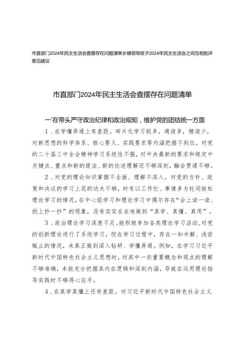 乡镇领导班子2024年民主生活会之间互相批评意见建议+市直部门2024年民主生活会查摆存在问题清单.docx