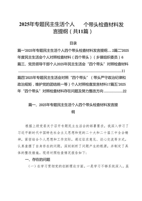 （11篇）2025年专题民主生活个人四个带头检查材料发言提纲最新.docx