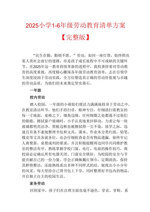 2025小学16年级劳动教育清单方案【完整版】.docx
