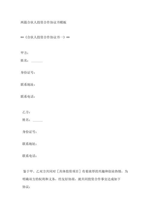 两篇合伙人投资合作协议书模板.docx