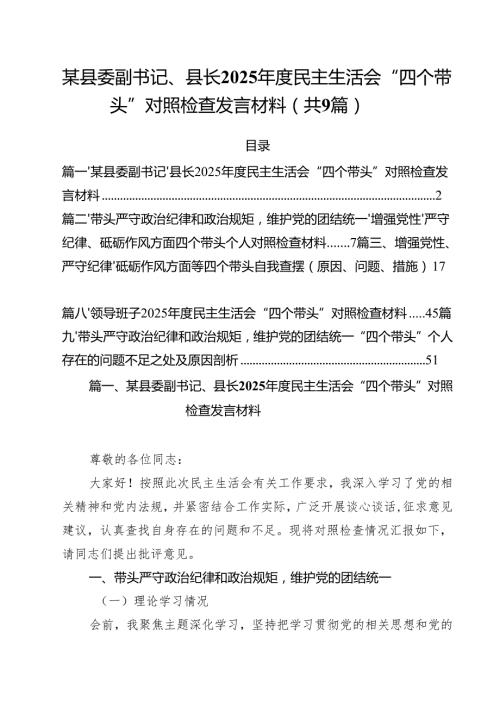 某县委副书记、县长2025民主生活会“四个带头”对照检查发言材料（合计9份）.docx
