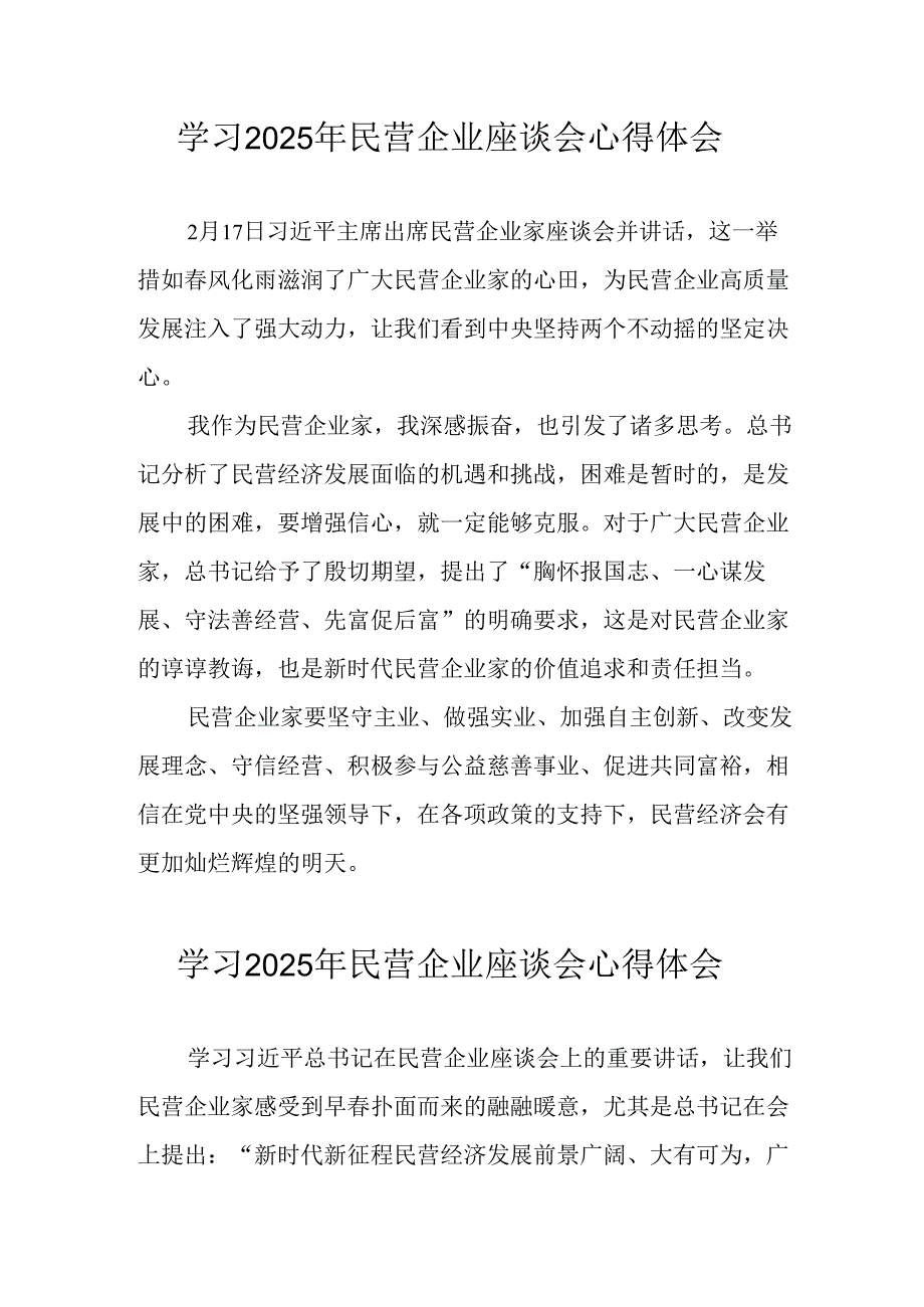 2025年私营企业学习《民营企业座谈会》个人心得感悟(1).docx_第1页