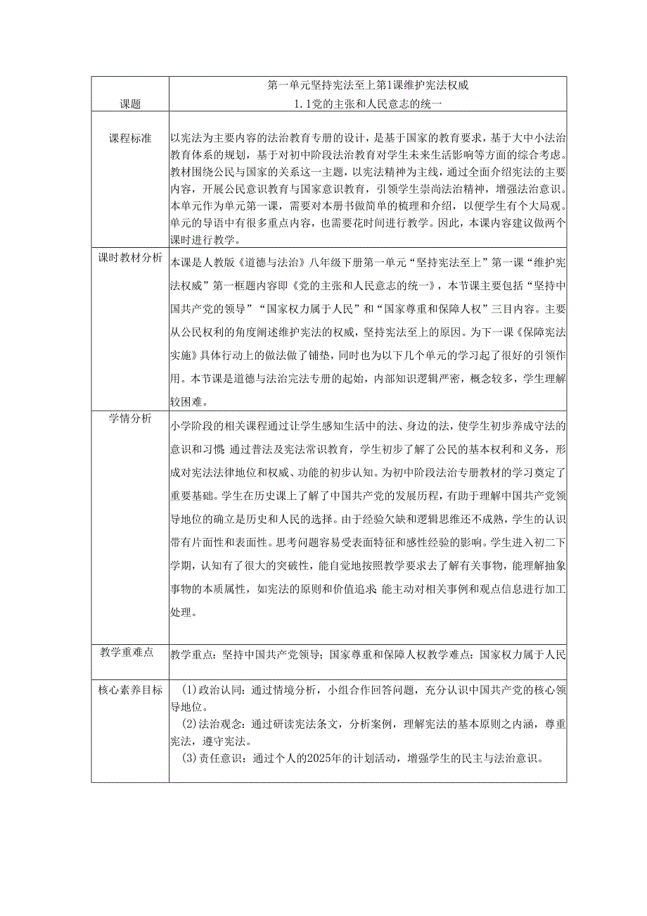 2025八年级道德与法治下册第一课党的主张和人民意志的统一教学设计.docx_第1页