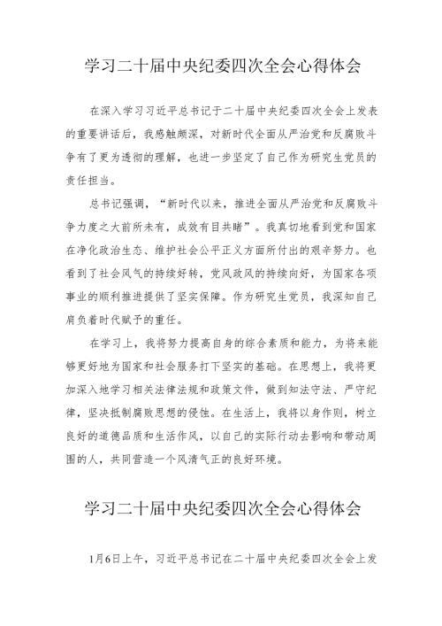 学习《二十中央纪委四次全会》个人心得体会 （15份）.docx
