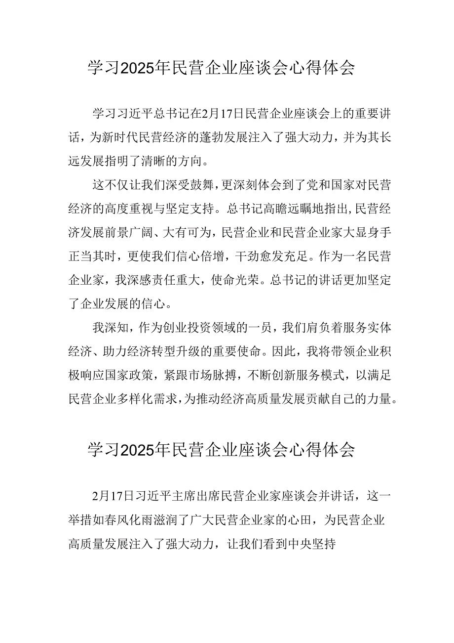2025年私营企业学习《民营企业座谈会》个人心得感悟 合计10份.docx_第1页
