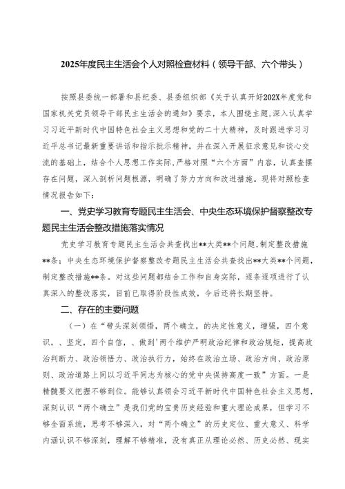 2025民主生活会个人对照检查材料（领导干部、六个带头）四篇（详细版）.docx