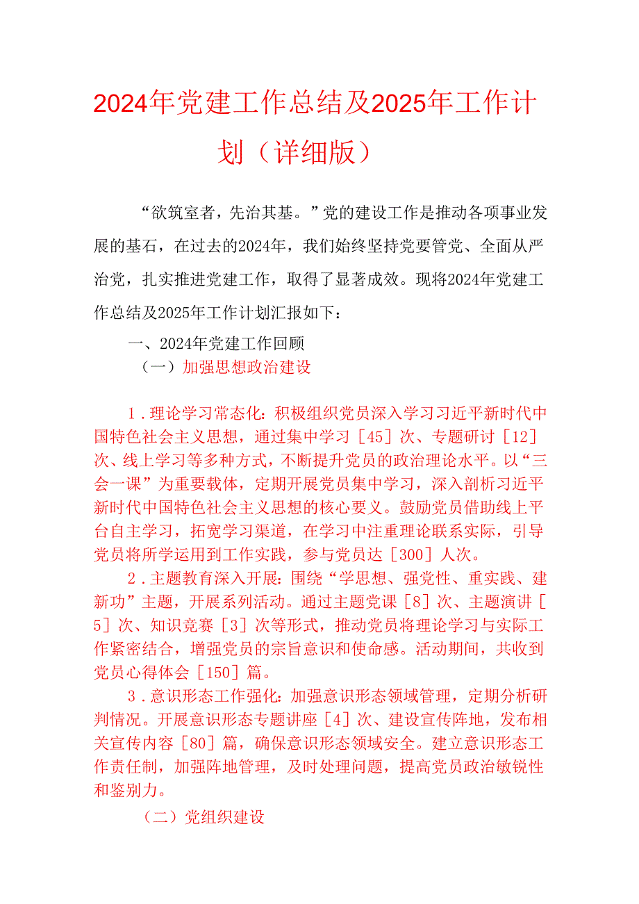 2024 年党建工作总结及 2025 年工作计划（详细版）.docx_第1页