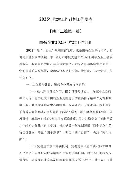 （12篇）2025年党建工作计划工作要点.docx