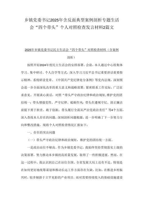 乡镇党委书记2025年含反面典型案例剖析专题生活会“四个带头”个人对照检查发言材料2篇文.docx