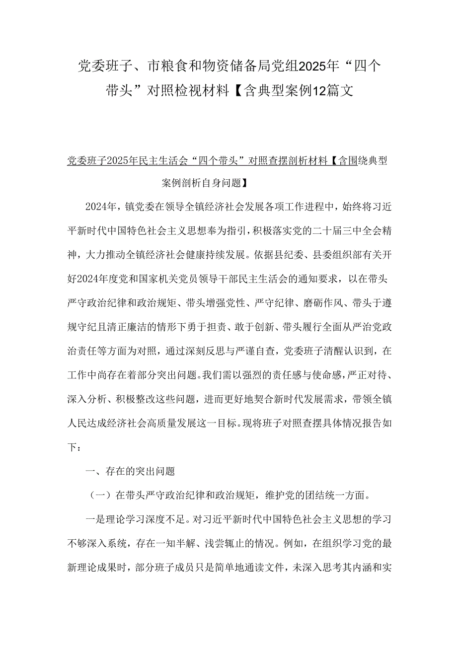 党委班子、市粮食和物资储备局党组2025年“四个带头”对照检视材料【含典型案例】2篇文.docx_第1页